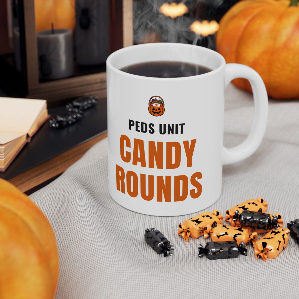 Pediatric Nurse Halloween Mug for Peds Nurses, "Peds Unit Candy Rounds"