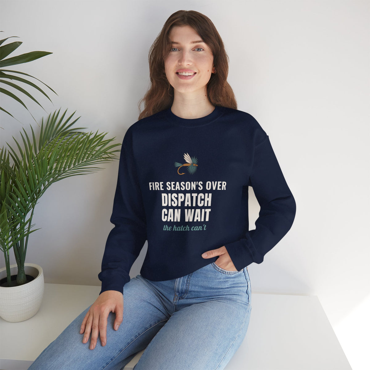 Wildland Firefighter Fly Fishing Crewneck for Fire Crews, "Dispatch Can Wait"