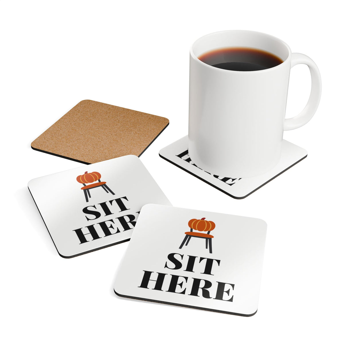 Friendsgiving Host Coaster Gift for Potluck Hosts, “SIT HERE” Set of 4