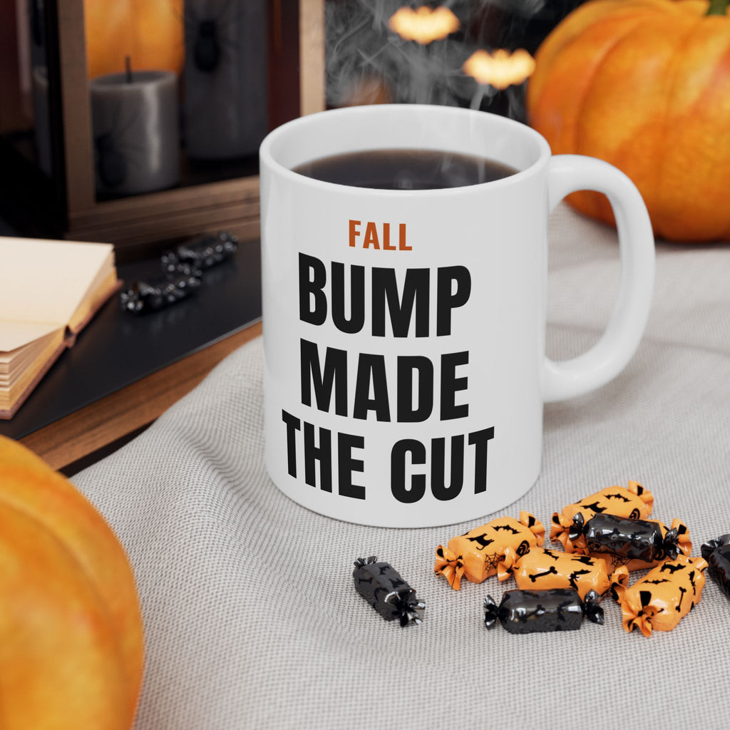 Fall Pregnancy Reveal Mug for Expecting Parents, “FALL BUMP MADE THE CUT”