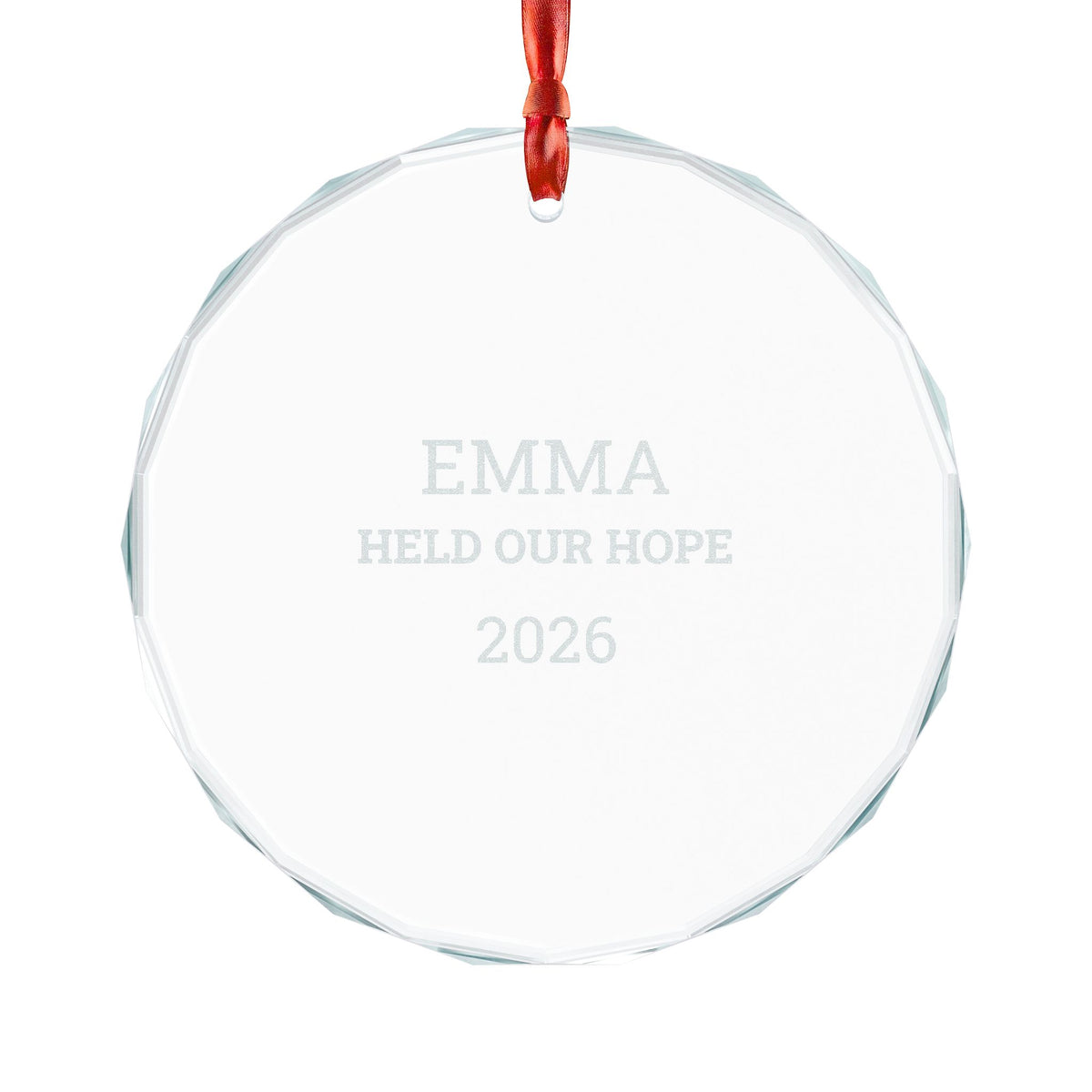 Personalized crystal glass NICU nurse ornament engraved with EMMA, Held Our Hope, and 2026