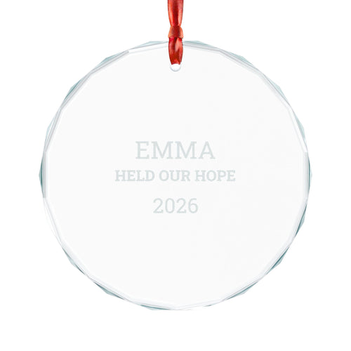 Personalized crystal glass NICU nurse ornament engraved with EMMA, Held Our Hope, and 2026