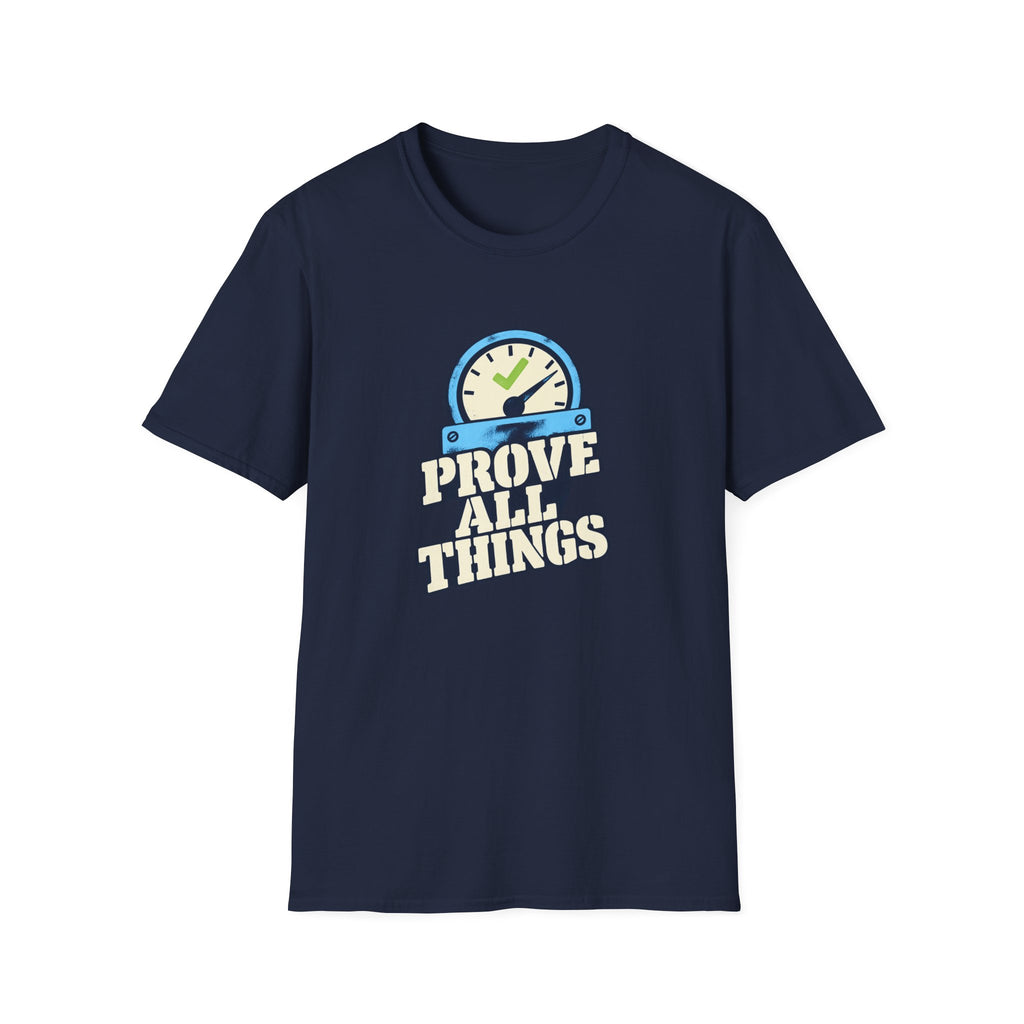Christian Engineer Shirt, Navy T-Shirt for Christian Engineers, “Prove All Things”