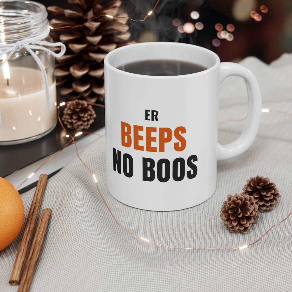 ER Nurse Halloween Mug, "ER BEEPS NO BOOS" for Night-Shift Emergency Nurses