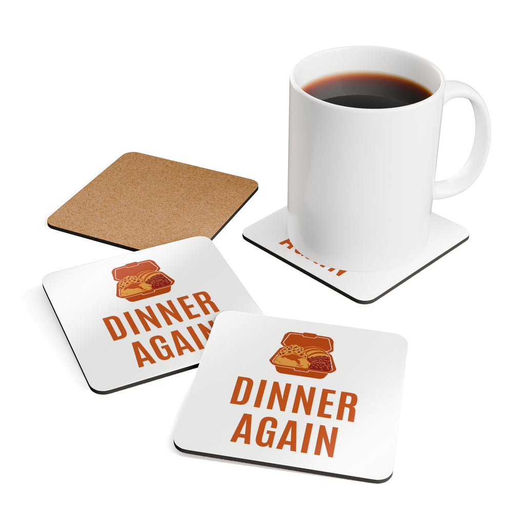 Friendsgiving Host Coaster Set for Hosts Who Send Leftovers Home, "DINNER AGAIN"