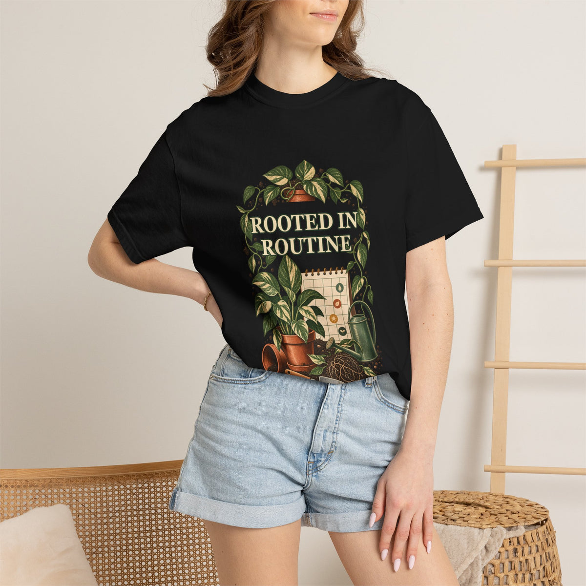 Rooted in Routine botanical plant-care design on a Comfort Colors garment-dyed T-shirt