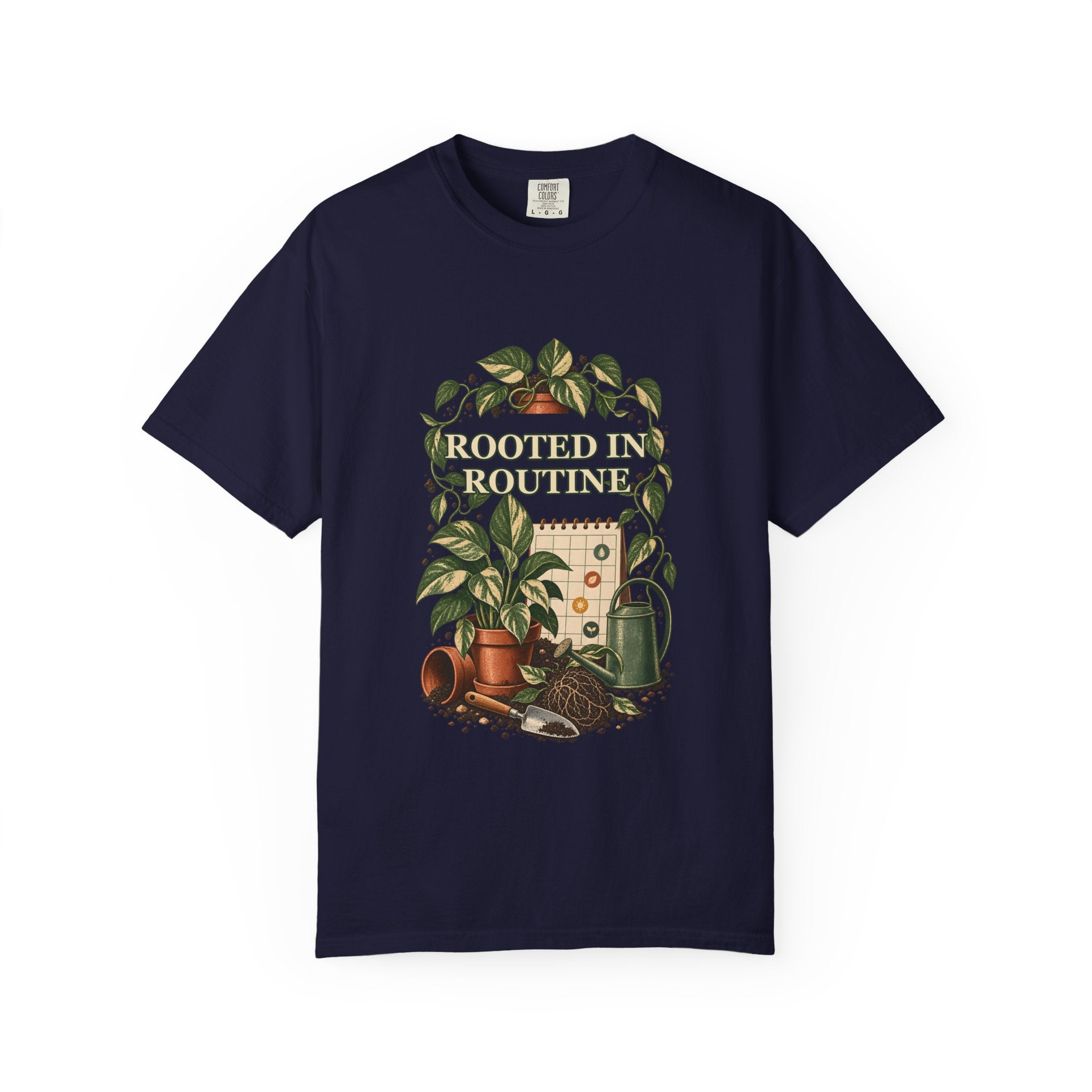 Rooted in Routine botanical plant-care design on a Comfort Colors garment-dyed T-shirt