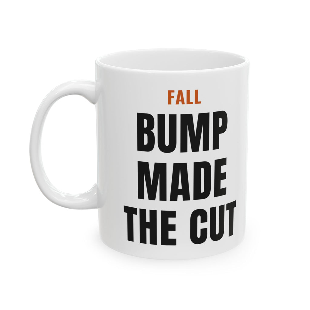 Fall Pregnancy Reveal Mug for Expecting Parents, “FALL BUMP MADE THE CUT”
