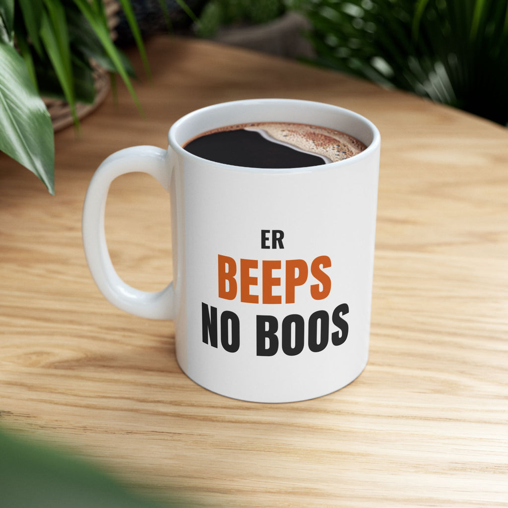 ER Nurse Halloween Mug, "ER BEEPS NO BOOS" for Night-Shift Emergency Nurses