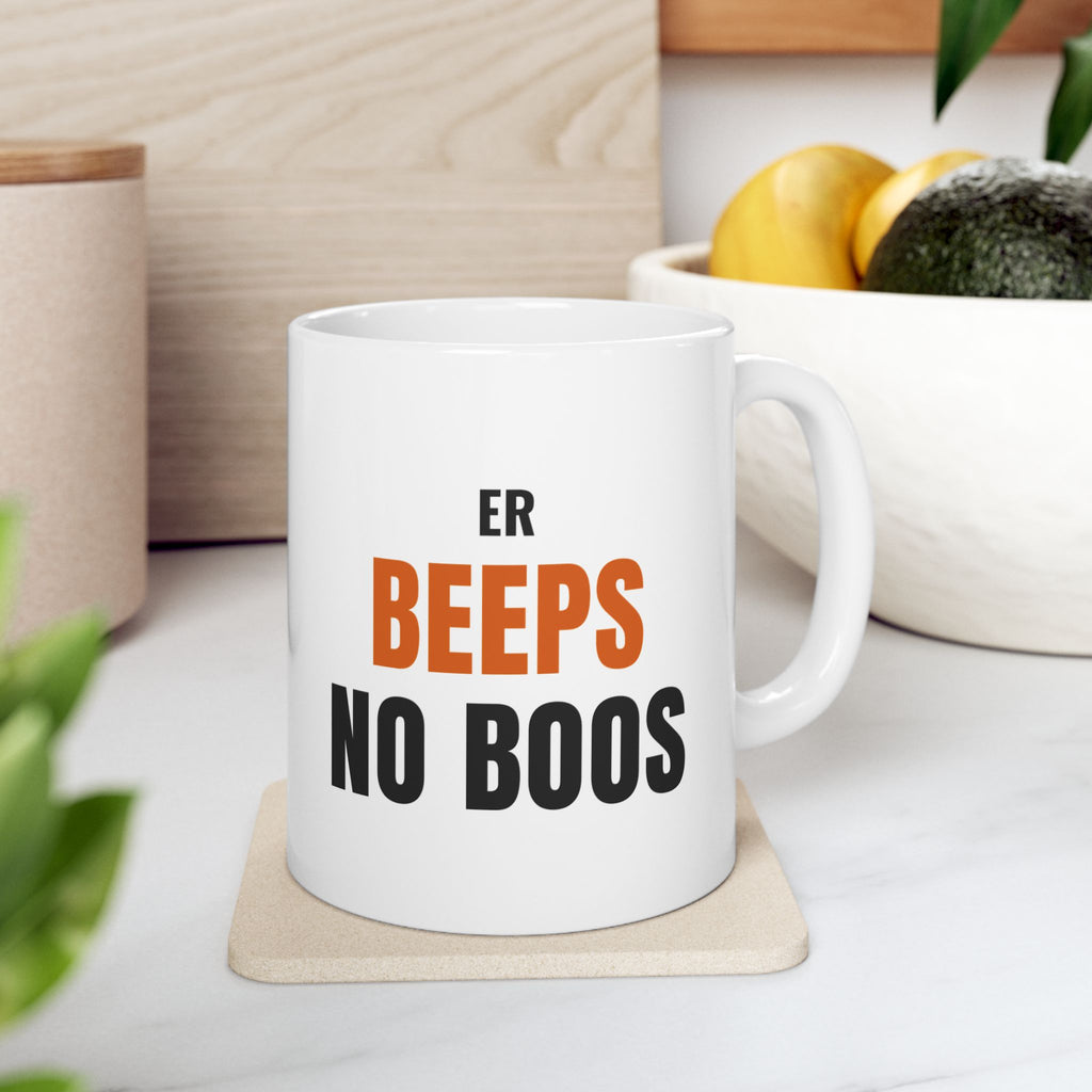 ER Nurse Halloween Mug, "ER BEEPS NO BOOS" for Night-Shift Emergency Nurses