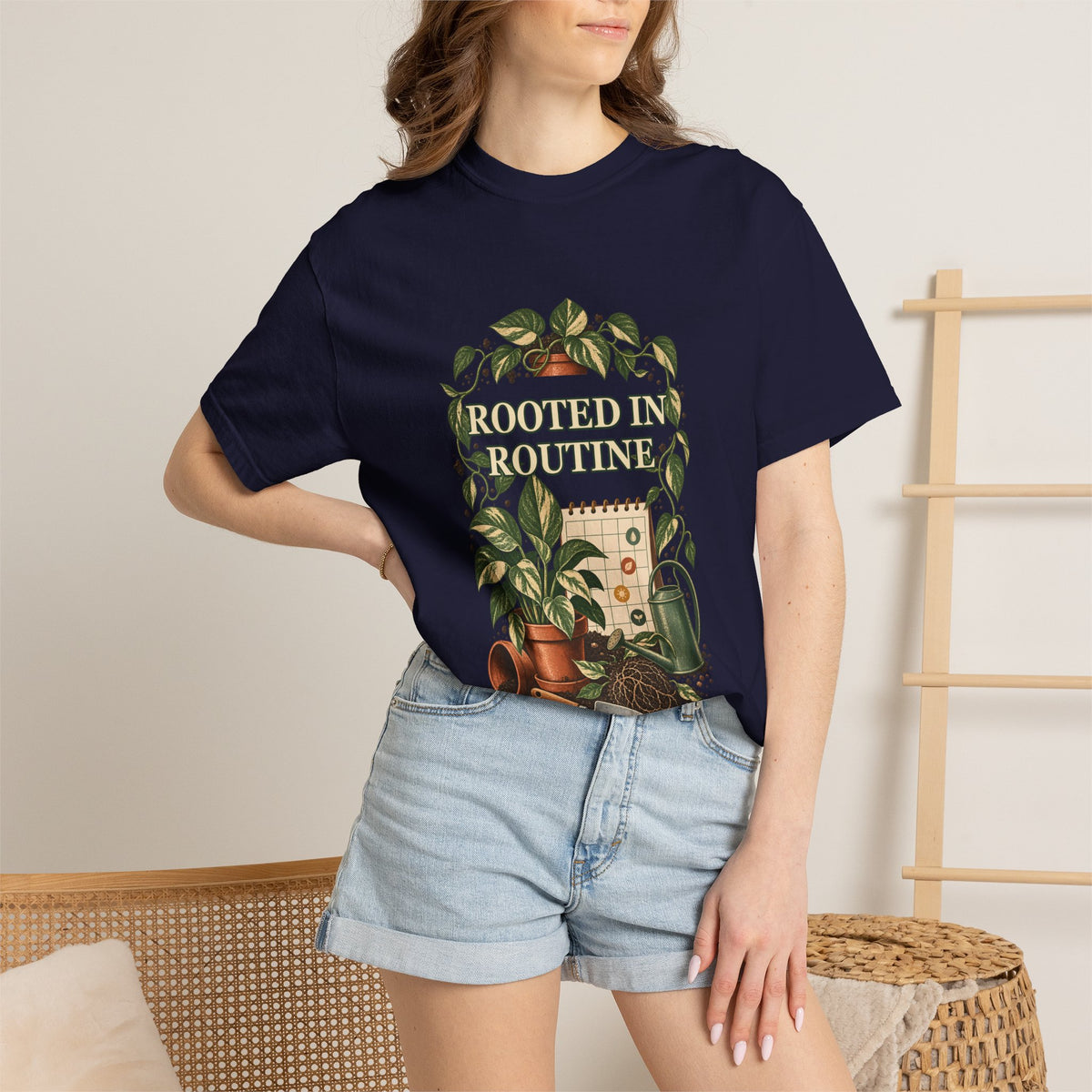 Rooted in Routine botanical plant-care design on a Comfort Colors garment-dyed T-shirt