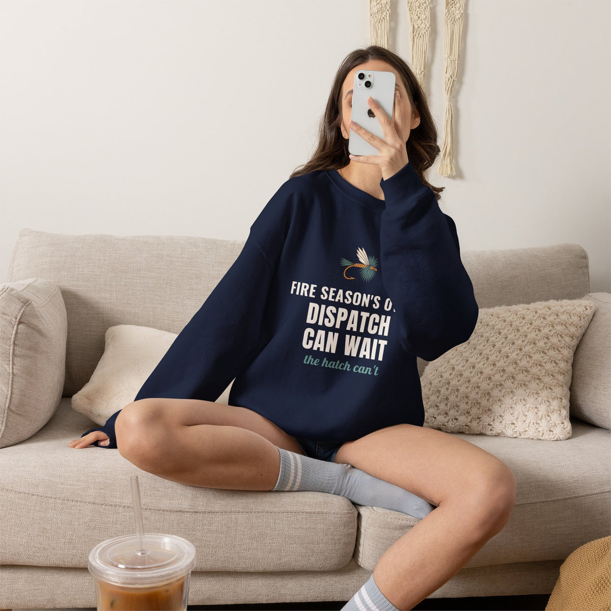 Wildland Firefighter Fly Fishing Crewneck for Fire Crews, "Dispatch Can Wait"