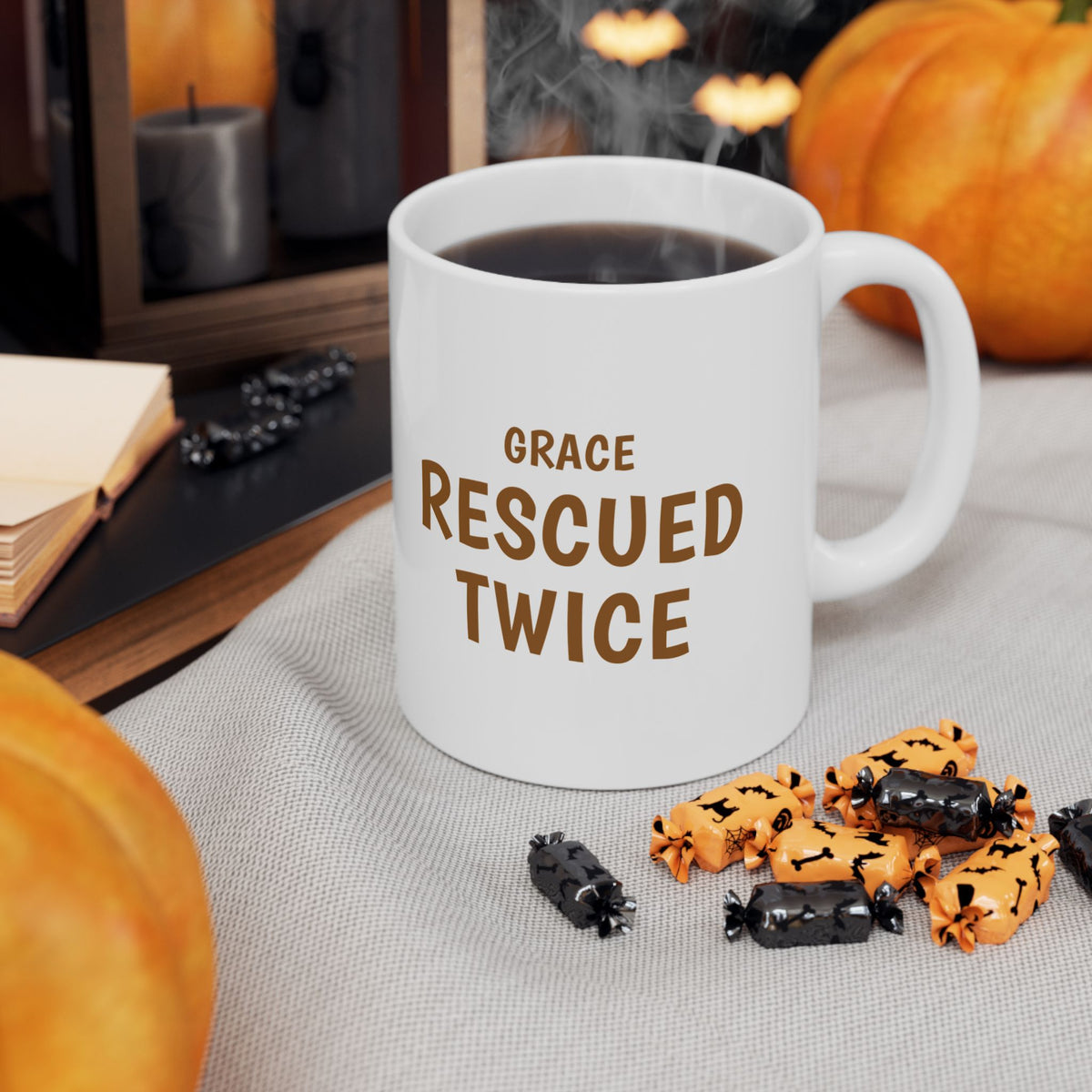 Christian Dog Mom Mug for Christian Rescue-Dog Owners "Grace Rescued Twice"