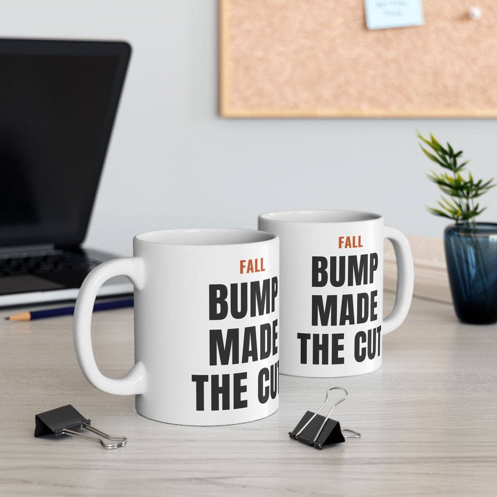 Fall Pregnancy Reveal Mug for Expecting Parents, “FALL BUMP MADE THE CUT”