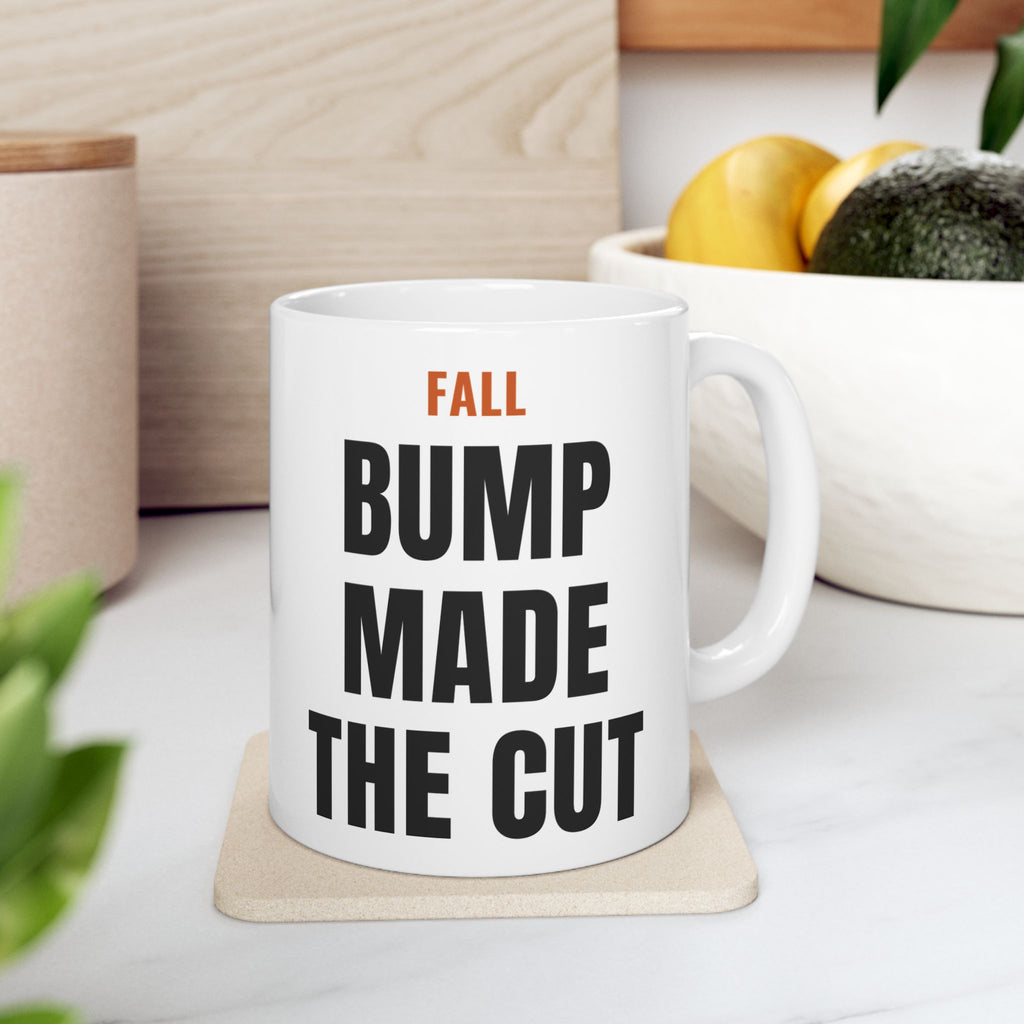 Fall Pregnancy Reveal Mug for Expecting Parents, “FALL BUMP MADE THE CUT”