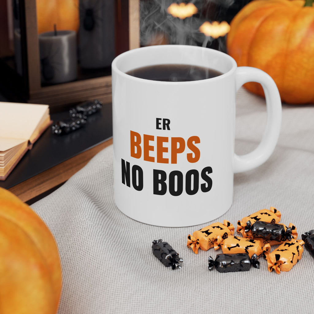 ER Nurse Halloween Mug, "ER BEEPS NO BOOS" for Night-Shift Emergency Nurses