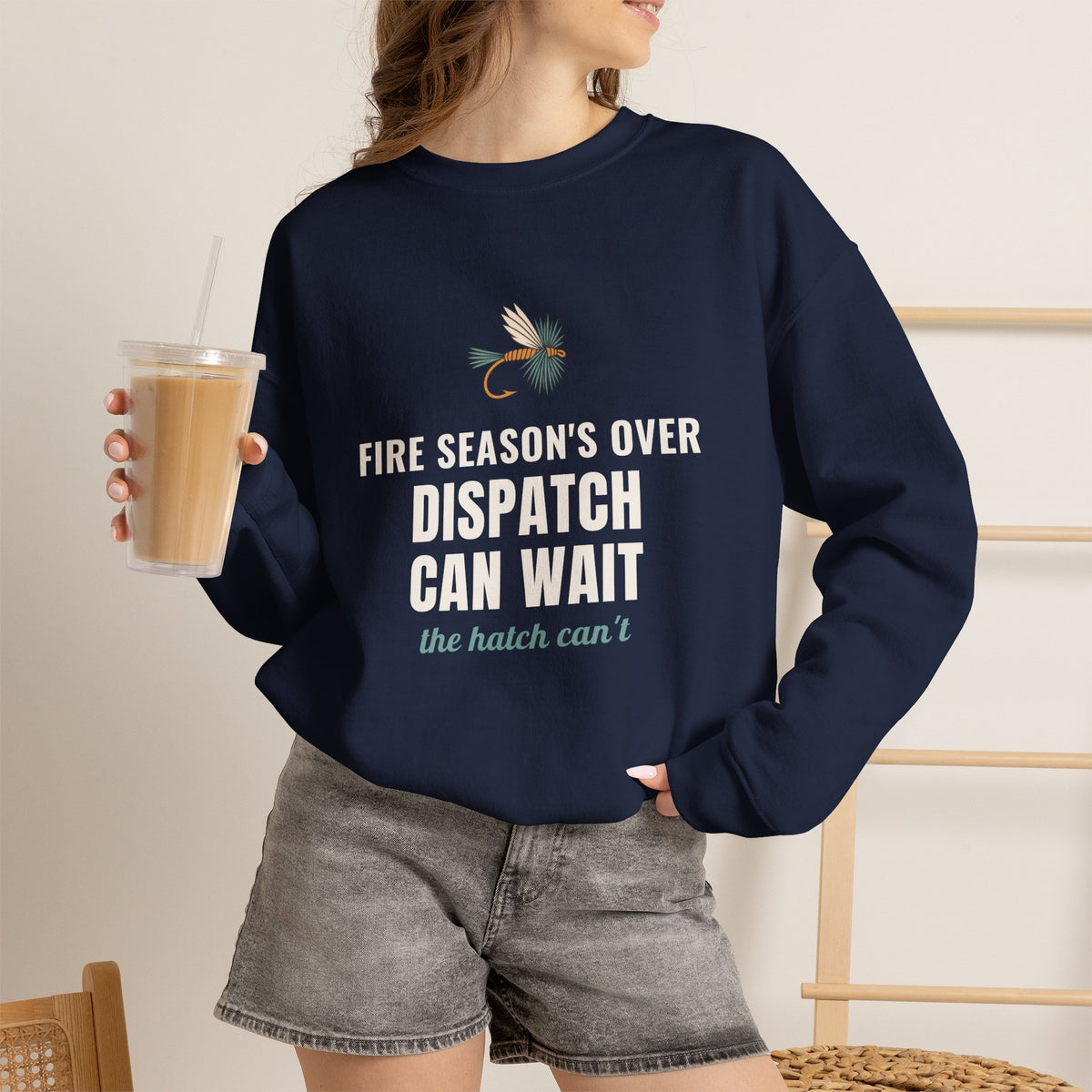 Wildland Firefighter Fly Fishing Crewneck for Fire Crews, "Dispatch Can Wait"
