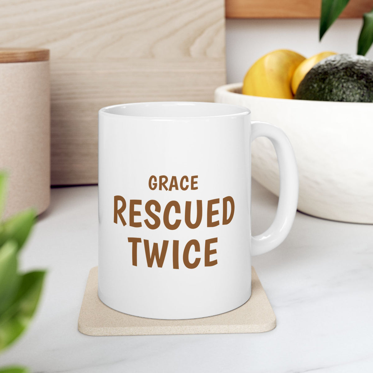 Christian Dog Mom Mug for Christian Rescue-Dog Owners "Grace Rescued Twice"
