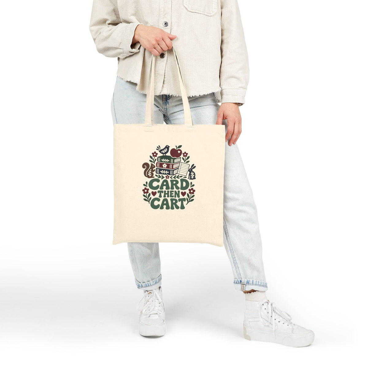 Book Lover Tote Bag “Card Then Cart” for Readers on Library and Market Errands