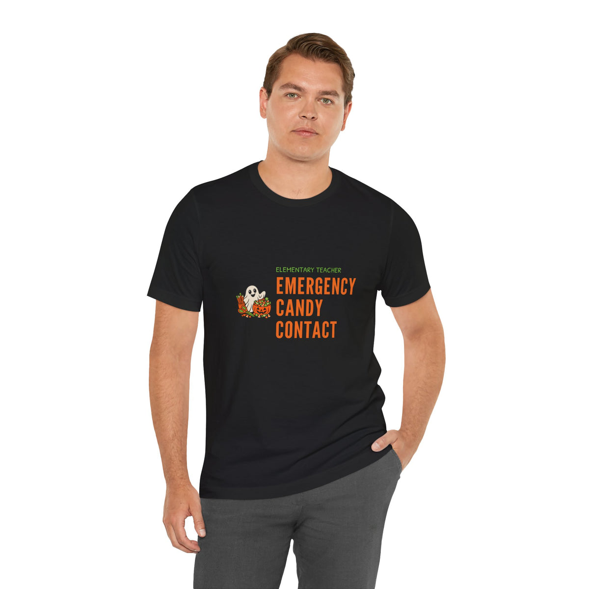 Teacher Halloween Party Shirt for Elementary Teachers, “Emergency Candy Contact”