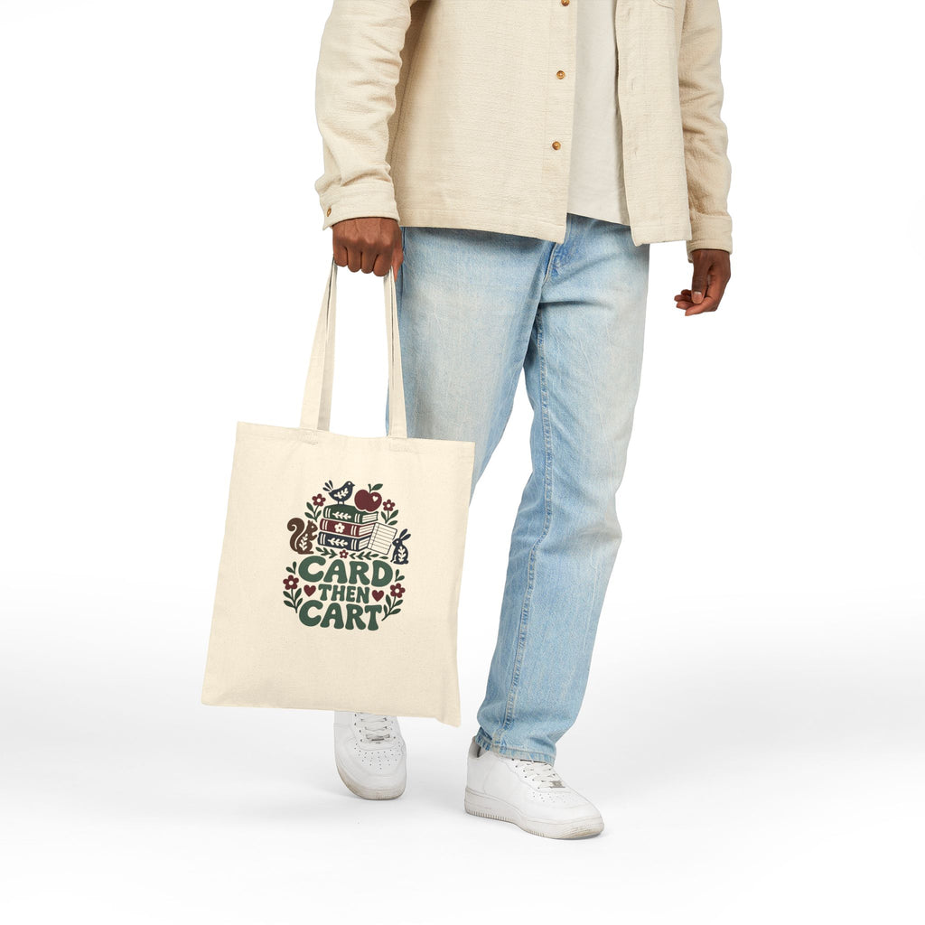 Book Lover Tote Bag “Card Then Cart” for Readers on Library and Market Errands
