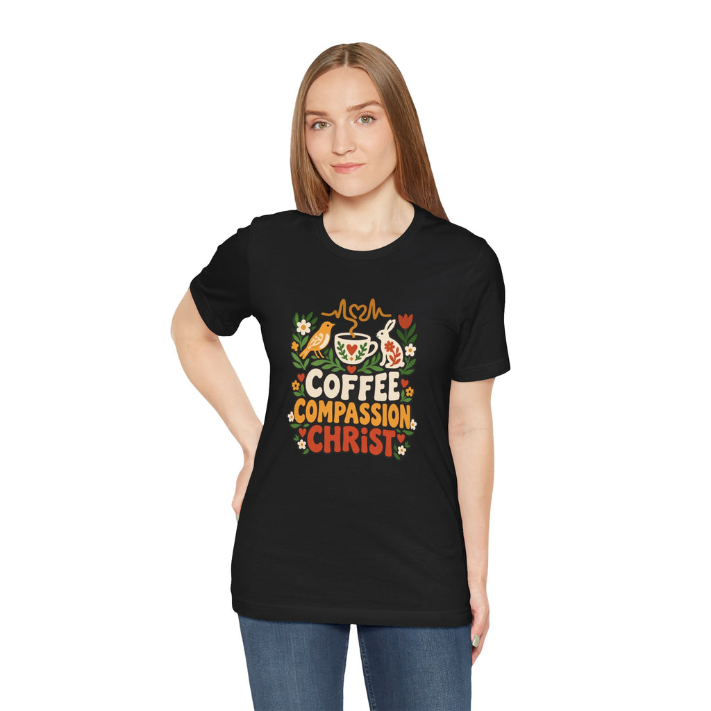 Christian Nurse Shirt for Nurses and Nursing Students, “Coffee Compassion Christ”