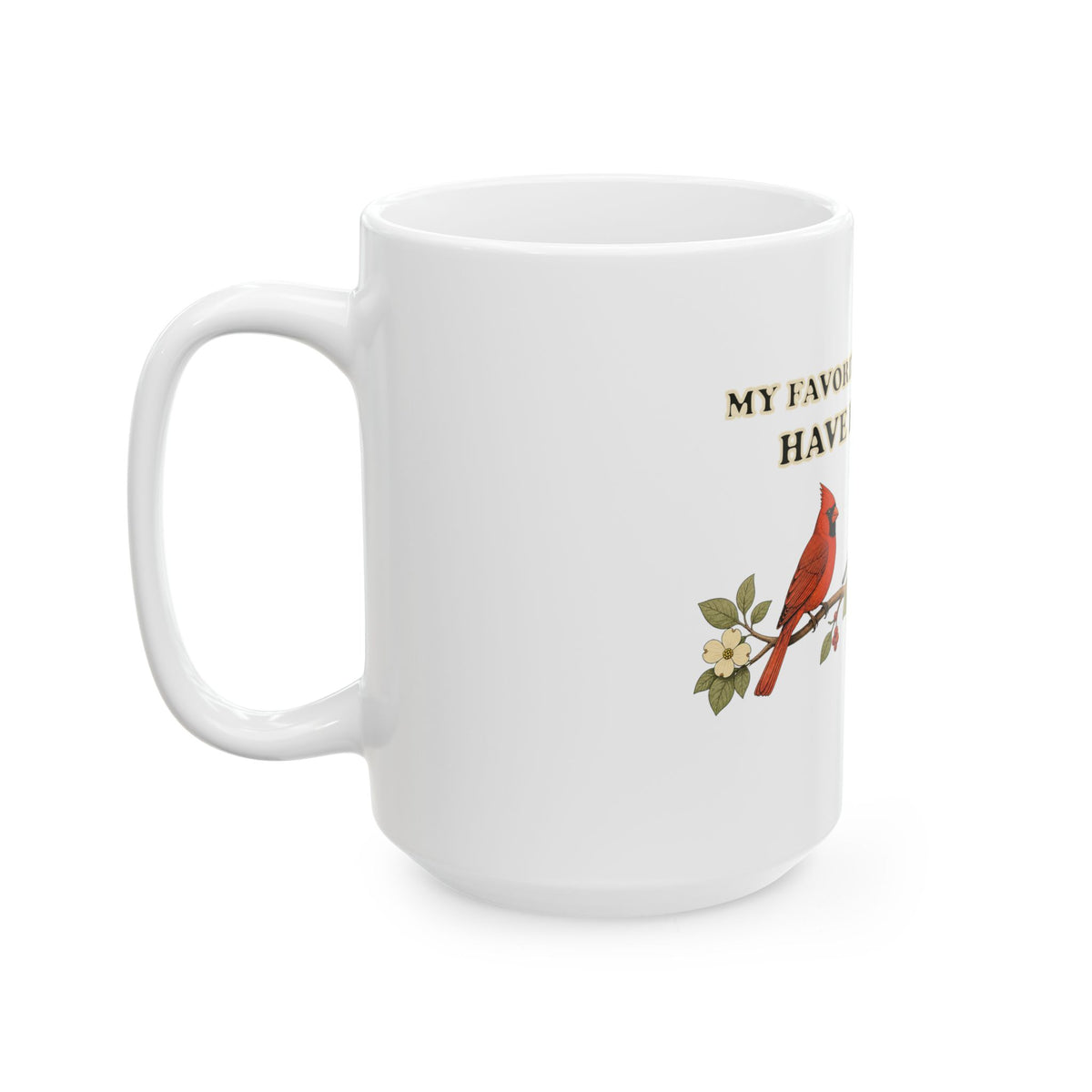 My Favorite Coworkers Have Feathers bird mug shown from the left