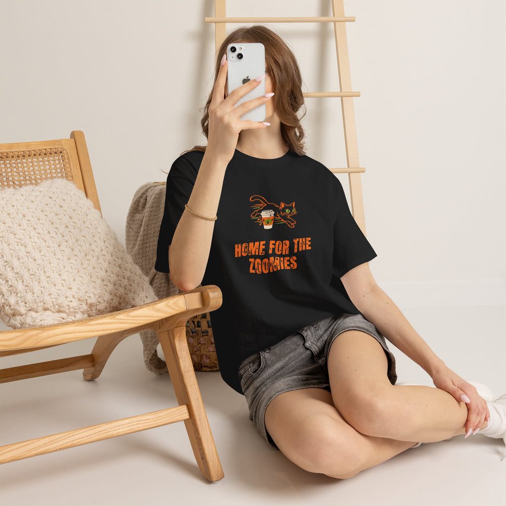 Cats Halloween Tee, "HOME FOR THE ZOOMIES" for Cat Owners