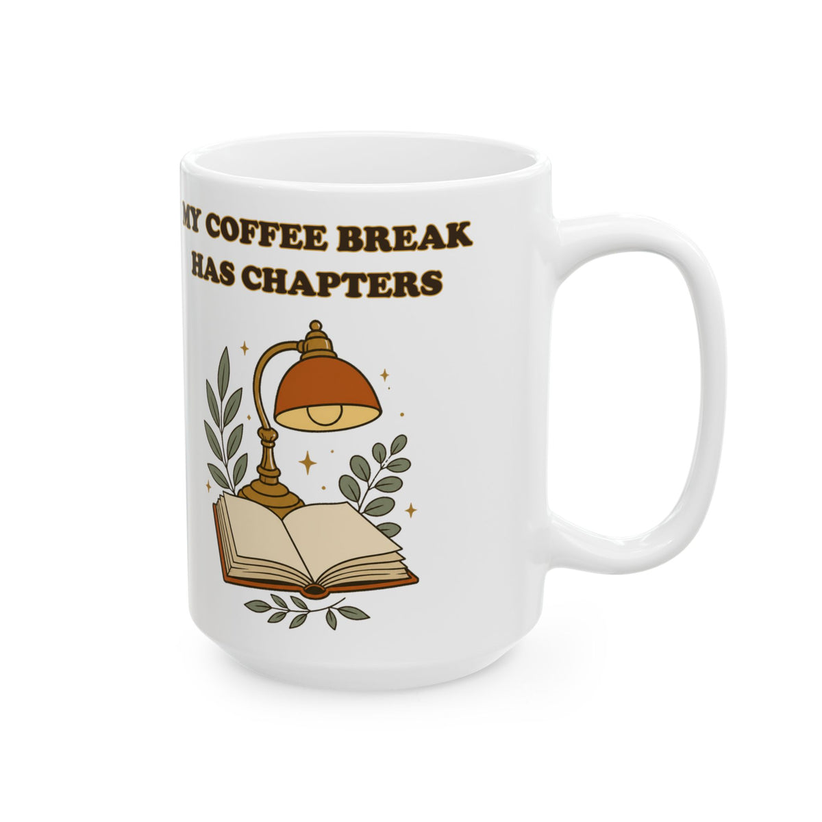 White 15oz ceramic mug with handle and clear seam area, back view