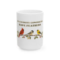 My Favorite Coworkers Have Feathers 15oz ceramic bird mug, front view