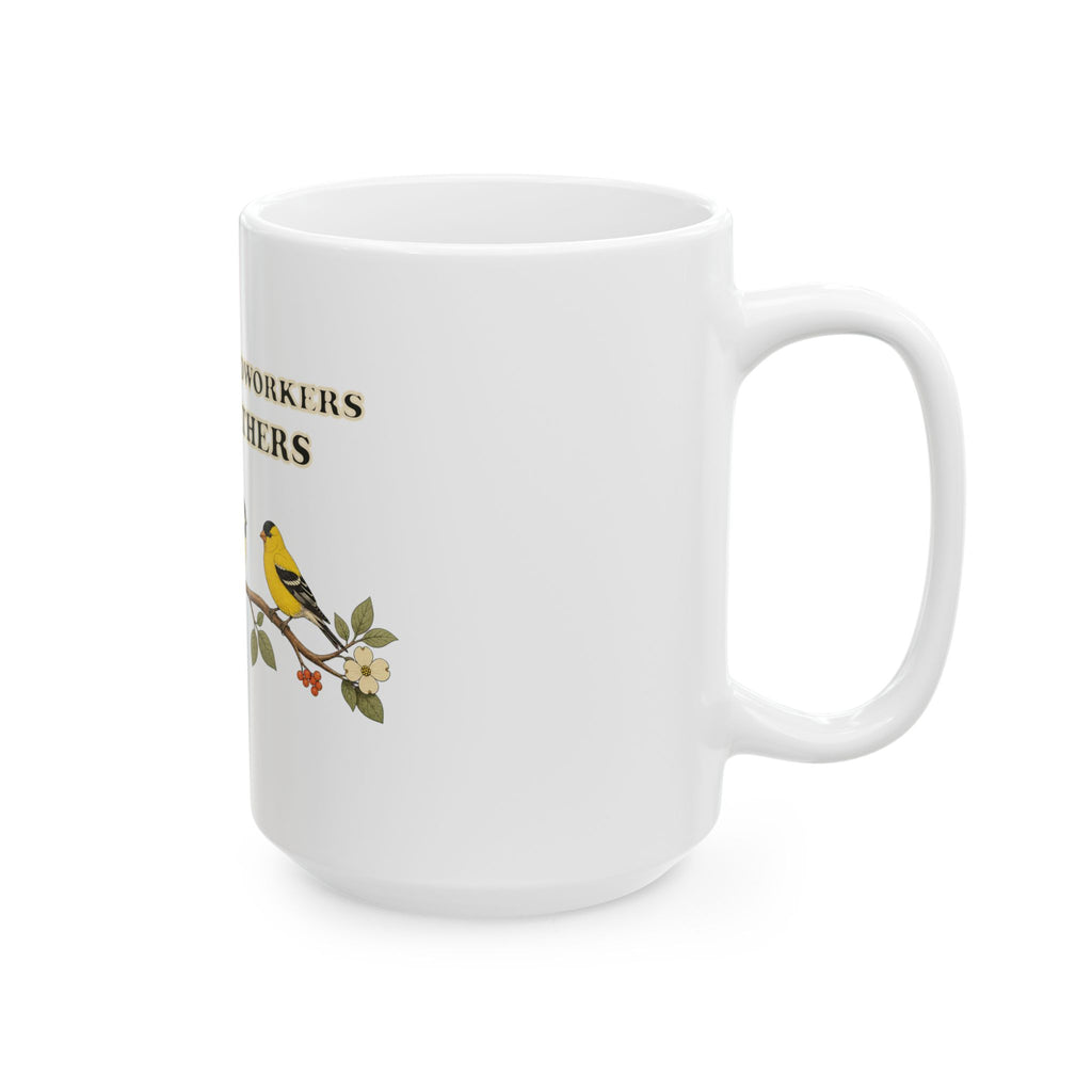 My Favorite Coworkers Have Feathers bird mug shown from the right