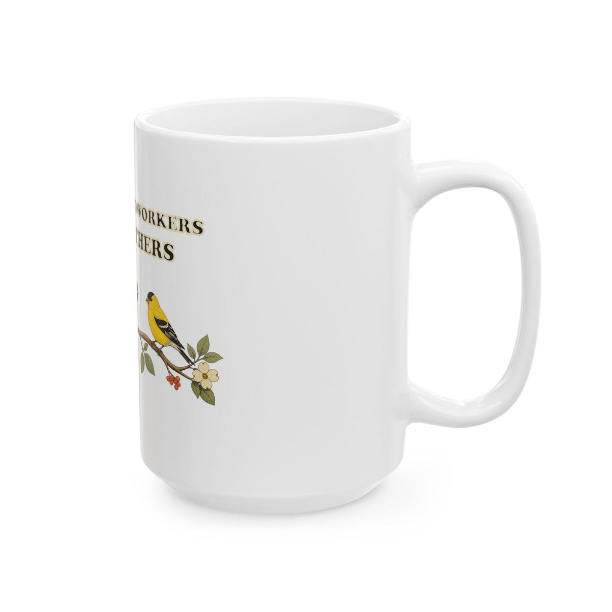 My Favorite Coworkers Have Feathers bird mug shown from the right
