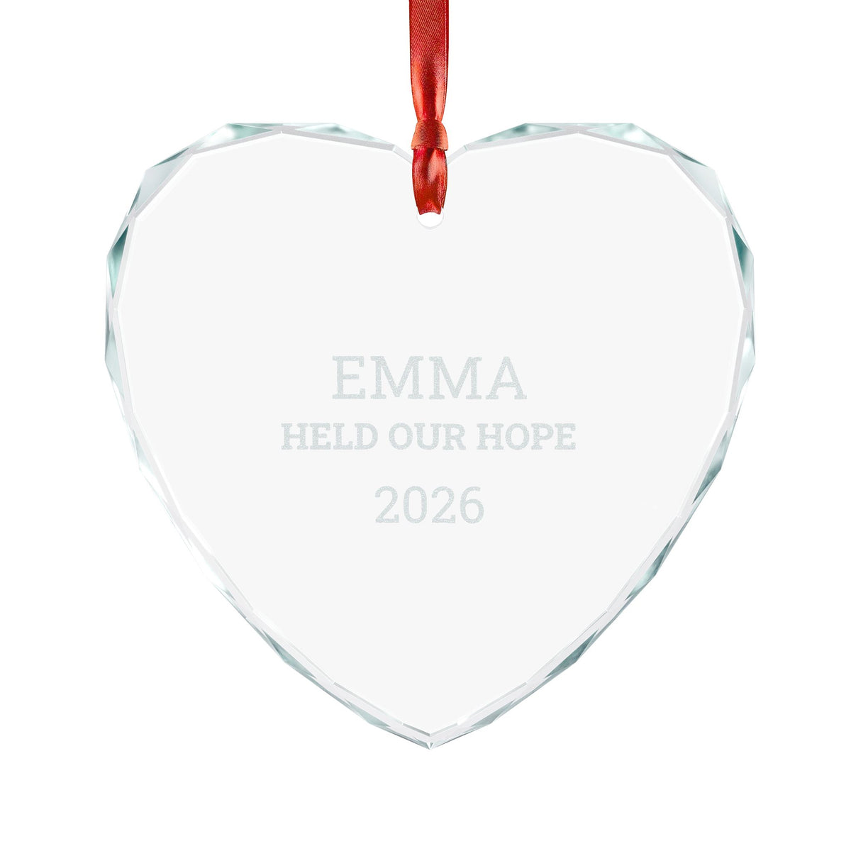 Personalized crystal glass NICU nurse ornament engraved with EMMA, Held Our Hope, and 2026