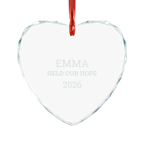 Personalized crystal glass NICU nurse ornament engraved with EMMA, Held Our Hope, and 2026